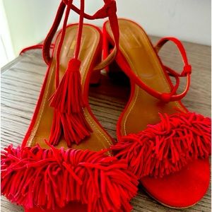 Aquazzura Red Suede Lace Up Block Heeled Sandal